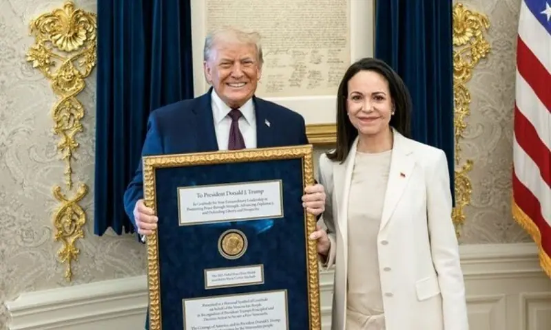 Trump accepts Nobel medal from Venezuelan opposition leader Machado